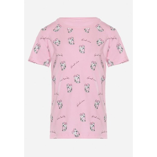 Różowa Koszulka T-shirt z Uroczym Nadrukiem z Elastycznej Bawełny Parieles ze sklepu Born2be Odzież w kategorii Bluzki dziewczęce - zdjęcie 172033156
