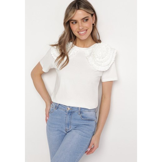 Biały Bawełniany T-shirt z Materiałową Aplikacją 3D Jolilena ze sklepu Born2be Odzież w kategorii Bluzki damskie - zdjęcie 172033319