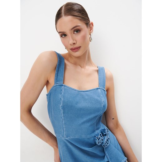 Sukienka Mohito mini z okrągłym dekoltem niebieska jeansowa 