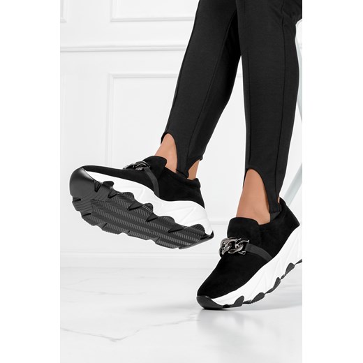 Czarne sneakersy Potocki na platformie ze srebrnym łańcuchem 22-12035BK ze sklepu Casu.pl w kategorii Buty sportowe damskie - zdjęcie 172041277