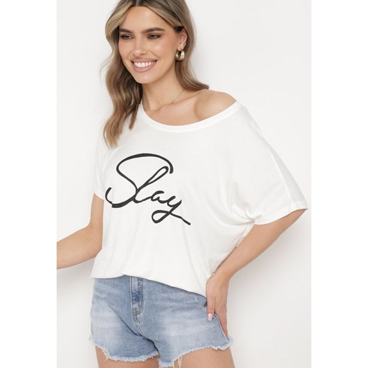 Biały Wiskozowy T-shirt Koszulka z Rękawami Typu Nietoperz z Ozdobnym Napisem Comalita ze sklepu Born2be Odzież w kategorii Bluzki damskie - zdjęcie 172046585