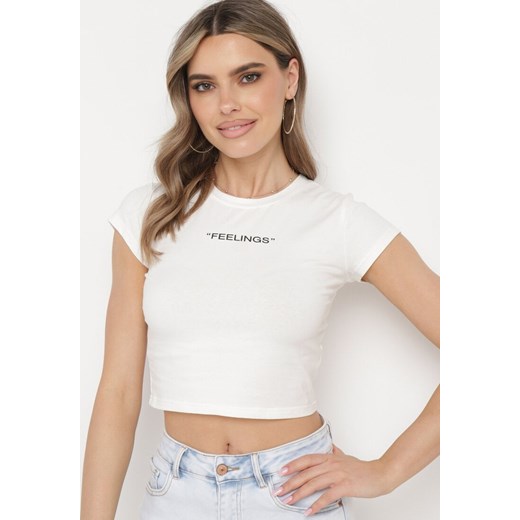 Biały Dopasowany T-shirt Cropped z Napisem z Pzodu Yaloena ze sklepu Born2be Odzież w kategorii Bluzki damskie - zdjęcie 172046669