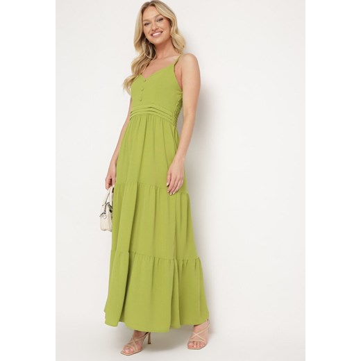 Zielona Sukienka na Regulowanych Ramiączkach z Gumką w Pasie Ebisina ze sklepu Born2be Odzież w kategorii Sukienki - zdjęcie 172046816