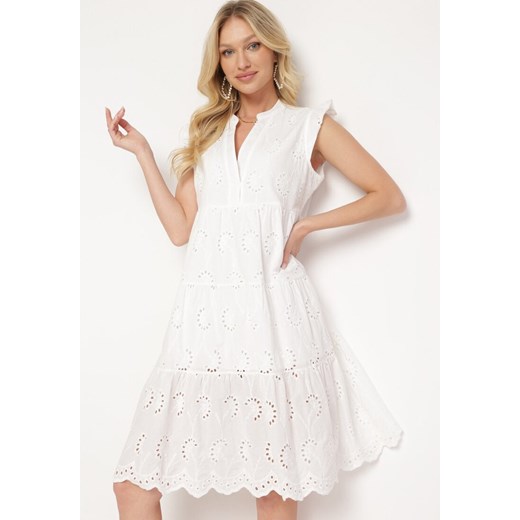 Biała Bawełniana Sukienka o Ażurowym Wykończeniu z Falbanką Ebirea ze sklepu Born2be Odzież w kategorii Sukienki - zdjęcie 172046907