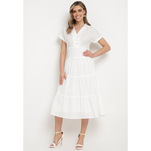 Biała Bawełniana Sukienka o Ażurowym Wykończeniu z Krótkim Rękawem Zapinana na Guziki Kataria ze sklepu Born2be Odzież w kategorii Sukienki - zdjęcie 172046956