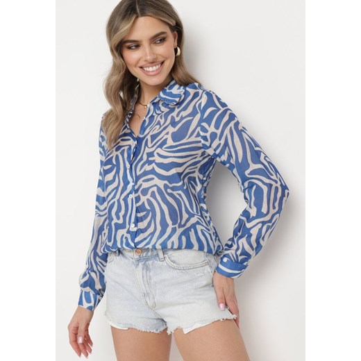 Niebiesko-Biała Koszula z Długim Rękawem i Guzikami Maiela ze sklepu Born2be Odzież w kategorii Koszule damskie - zdjęcie 172047047