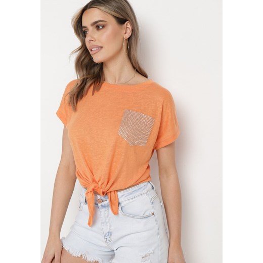 Pomarańczowy Klasyczny T-shirt  Wiązany na Dole z Cyrkoniami Efigga ze sklepu Born2be Odzież w kategorii Bluzki damskie - zdjęcie 172047285
