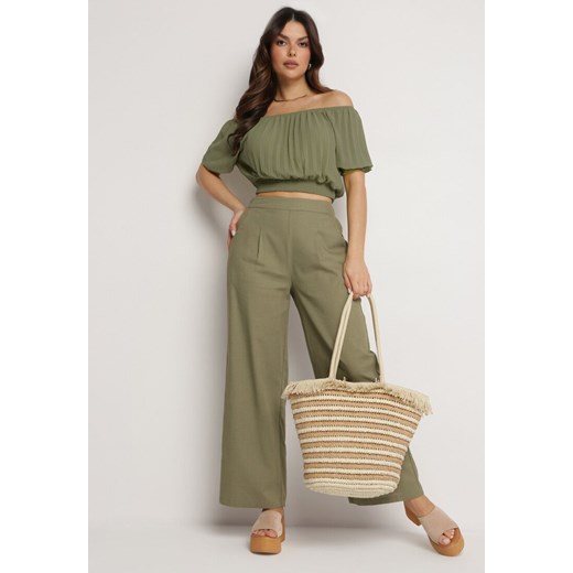 Zielone Szerokie Spodnie z Gumką w Talii z Lnem Araniells ze sklepu Born2be Odzież w kategorii Spodnie damskie - zdjęcie 172050995