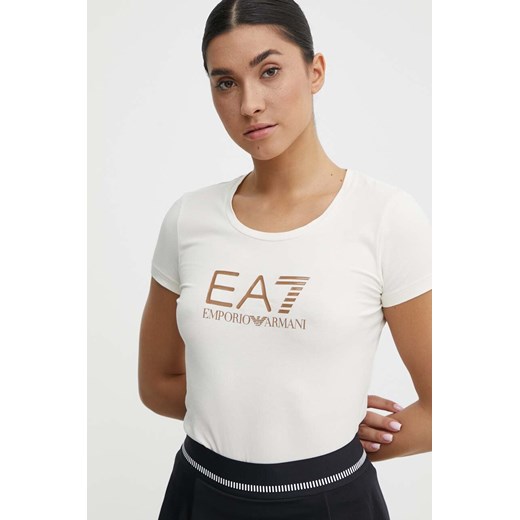 EA7 Emporio Armani t-shirt bawełniany damski kolor beżowy ze sklepu ANSWEAR.com w kategorii Bluzki damskie - zdjęcie 172051199