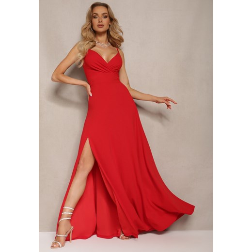 Czerwona Elegancka Sukienka o Rozkloszowanym Kroju z Rozcięciem na Ramiączkach z Kopertowym Dekoltem Winelia ze sklepu Renee odzież w kategorii Sukienki - zdjęcie 172051797