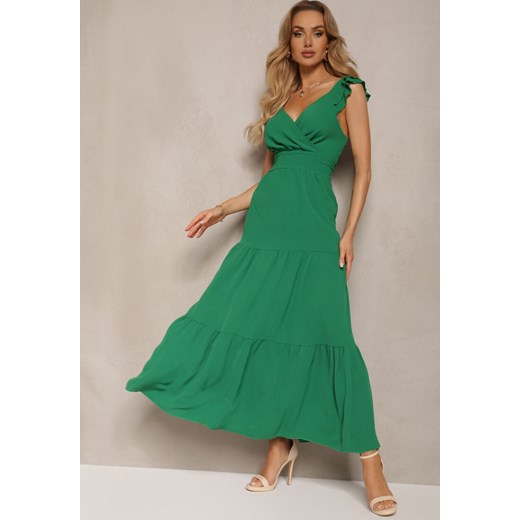 Zielona Sukienka z Kopertowym Dekoltem na Ramiączkach z Gumką w Pasie i Falbankami Ebiviana ze sklepu Renee odzież w kategorii Sukienki - zdjęcie 172051919