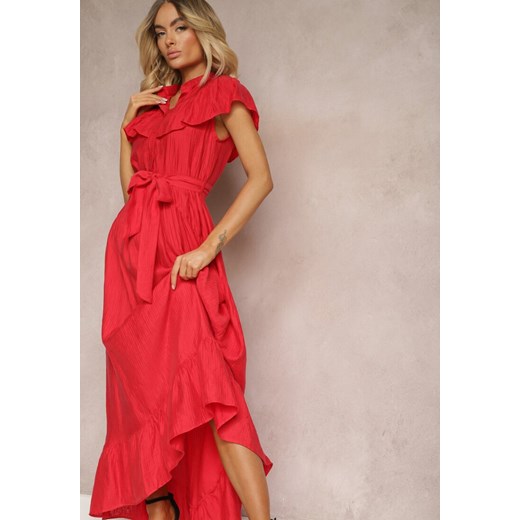 Czerwona Sukienka z Materiałowym Paskiem i Wiskozą Wykończona Guzikami i Falbanką Hanesi ze sklepu Renee odzież w kategorii Sukienki - zdjęcie 172051959