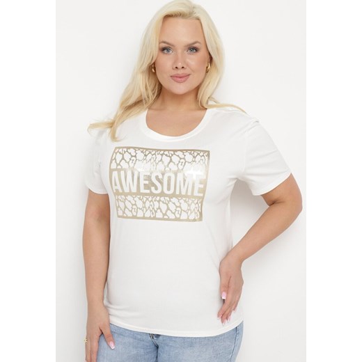 Biały Bawełniany T-shirt z Ozdobnym Napisem Floerin ze sklepu Born2be Odzież w kategorii Bluzki damskie - zdjęcie 172055849