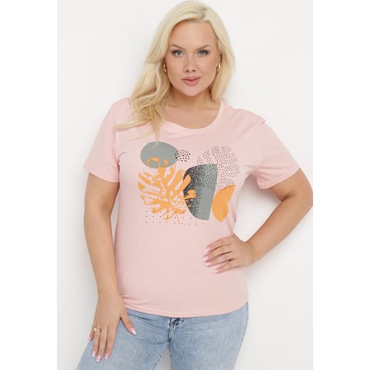 Jasnoróżowy Bawełniany T-shirt z Nadrukiem i Cyrkoniami Tiimauni ze sklepu Born2be Odzież w kategorii Bluzki damskie - zdjęcie 172055875