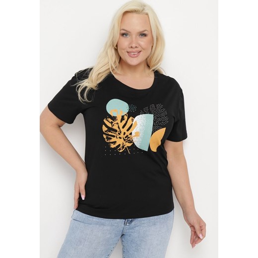 Czarny Bawełniany T-shirt z Nadrukiem i Cyrkoniami Tiimauni ze sklepu Born2be Odzież w kategorii Bluzki damskie - zdjęcie 172055885