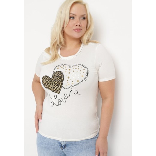 Biały Bawełniany T-shirt Koszulka z Krótkim Rękawem Zdobiona Nadrukiem i Cyrkoniami Corila ze sklepu Born2be Odzież w kategorii Bluzki damskie - zdjęcie 172056108