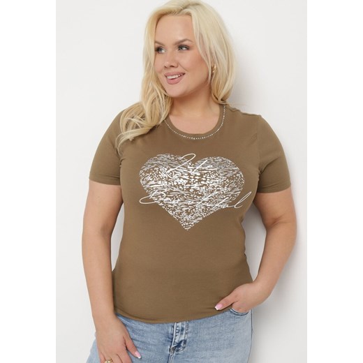 Ciemnozielony T-shirt Bawełniany z Krótkim Rękawem i Metalicznym Nadrukiem oraz Cyrkoniami Sanesti ze sklepu Born2be Odzież w kategorii Bluzki damskie - zdjęcie 172056165