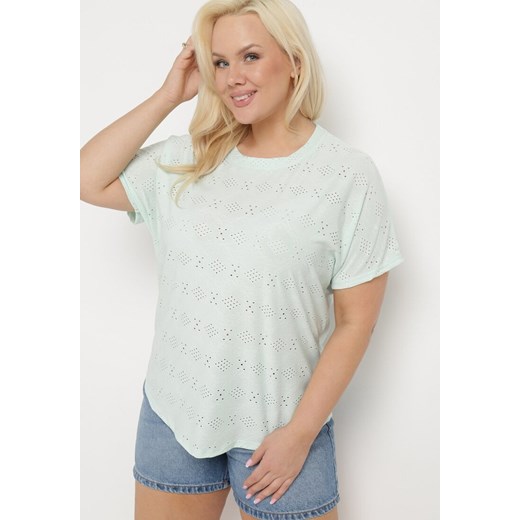 Miętowy T-shirt z Ażurowym Wzorem Mleassa ze sklepu Born2be Odzież w kategorii Bluzki damskie - zdjęcie 172056239