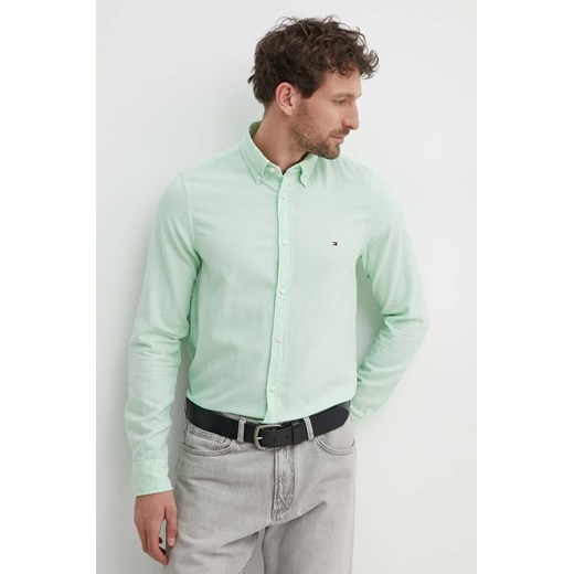 Tommy Hilfiger koszula bawełniana męska kolor zielony slim z kołnierzykiem button-down MW0MW33782 ze sklepu ANSWEAR.com w kategorii Koszule męskie - zdjęcie 172062585