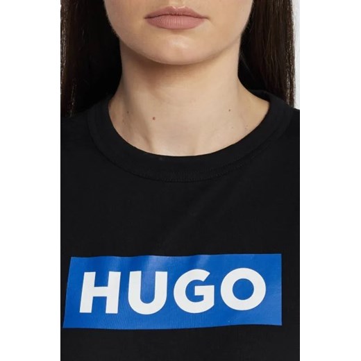 Bluzka damska czarna Hugo Blue z krótkimi rękawami z napisami z okrągłym dekoltem z bawełny 