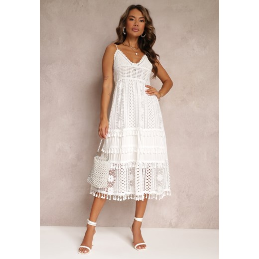 Biała Rozkloszowana Sukienka Midi na Ramiączkach z Koronki Nejla ze sklepu Renee odzież w kategorii Sukienki - zdjęcie 172074668