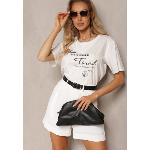 Biały Casualowy T-shirt z Bawełny z Nadrukiem i Perełkami Biolexa ze sklepu Renee odzież w kategorii Bluzki damskie - zdjęcie 172074815