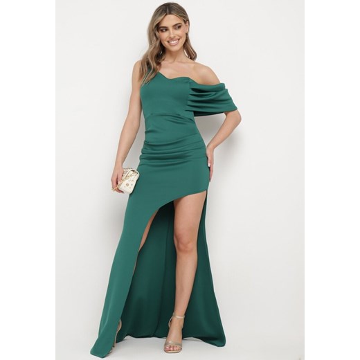 Zielona Sukienka Koktajlowa z Asymetryczną Górą i Ozdobnym Marszczeniem Flamelia M promocyjna cena Born2be Odzież