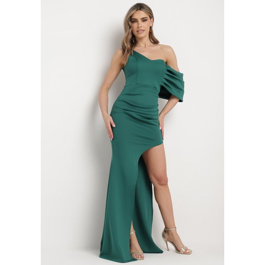 Zielona Sukienka Koktajlowa z Asymetryczną Górą i Ozdobnym Marszczeniem Flamelia L okazyjna cena Born2be Odzież