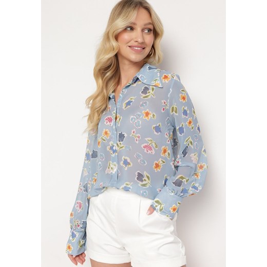 Niebieska Koszula z Transparentnej Tkaniny w Kwiaty Brumelia ze sklepu Born2be Odzież w kategorii Koszule damskie - zdjęcie 172083749