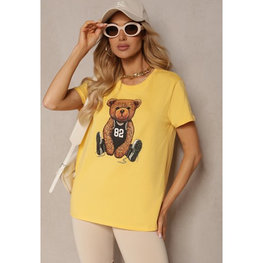 Żółty T-shirt Koszulka z Krótkim Rękawem z Bawełny Ozdobiona Nadrukiem Xanest ze sklepu Renee odzież w kategorii Bluzki damskie - zdjęcie 172090185