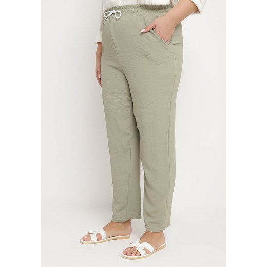 Zielone Bawełniane Spodnie Szerokie z Gumką i Sznurkiem w Talii  Effimue ze sklepu Born2be Odzież w kategorii Spodnie damskie - zdjęcie 172091077