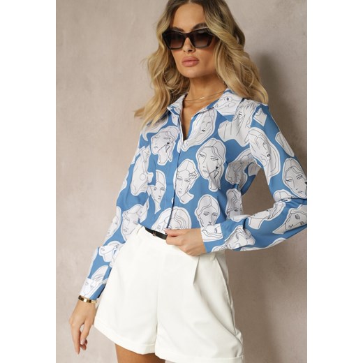 Niebieska Koszula z Artystycznym Printem w Twarze Frumelia ze sklepu Renee odzież w kategorii Koszule damskie - zdjęcie 172099025
