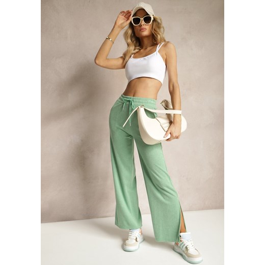 Zielone Spodnie z Szerokimi Nogawkami i Gumką w Talii z Rozcięciami Kamllia ze sklepu Renee odzież w kategorii Spodnie damskie - zdjęcie 172099225