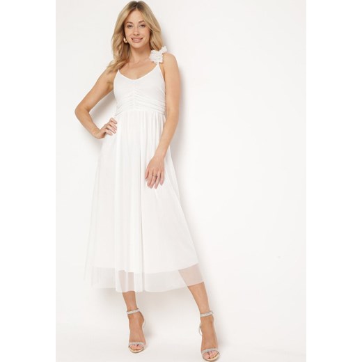 Biała Sukienka na Ramiączkach z Gumką w Talii i Falbanką Watalia ze sklepu Born2be Odzież w kategorii Sukienki - zdjęcie 172102338