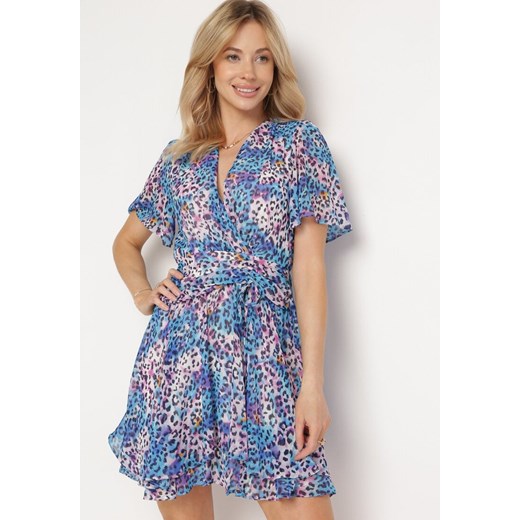 Niebiesko-Różowa Rozkloszowana Sukienka z Falbankami i Krótkim Rękawem Efiago ze sklepu Born2be Odzież w kategorii Sukienki - zdjęcie 172102425