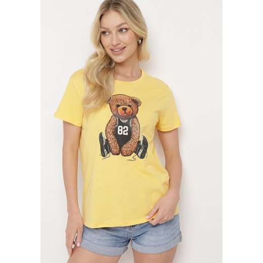 Żółty Bawełniany T-shirt z Ozdobnym Nadrukiem Wanestra ze sklepu Born2be Odzież w kategorii Bluzki damskie - zdjęcie 172102507