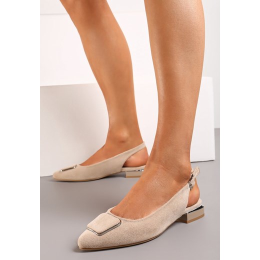 Beżowe Sandały z Metalicznymi Wstawkami na Niskim Obcasie bez Pięty Asgartia ze sklepu renee.pl w kategorii Balerinki - zdjęcie 172114715