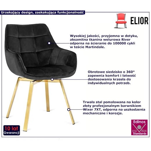 Czarne obrotowe krzesło welurowe z podłokietnikami - Daco Elior One Size Edinos.pl wyprzedaż