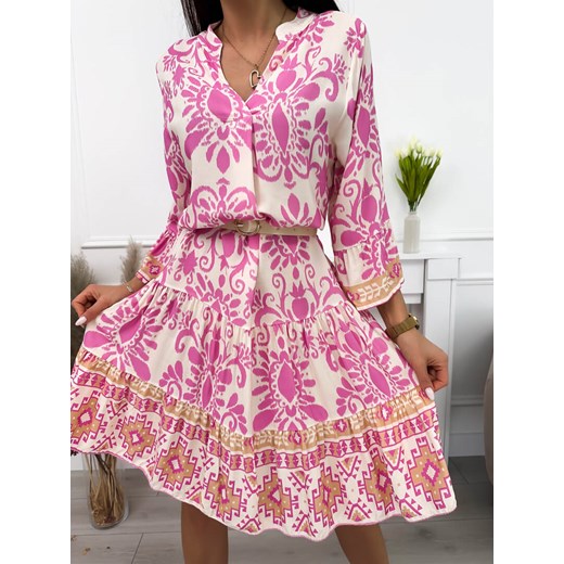 Różowo-Beżowa Wzorzysta Sukienka ze sklepu ModnaKiecka.pl w kategorii Sukienki - zdjęcie 172125625