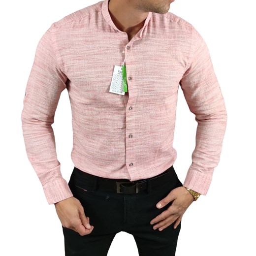 Koszula lniana grubsza  ze stójką slim fit różowa ESP011 DM ze sklepu Moda Męska w kategorii Koszule męskie - zdjęcie 172129595
