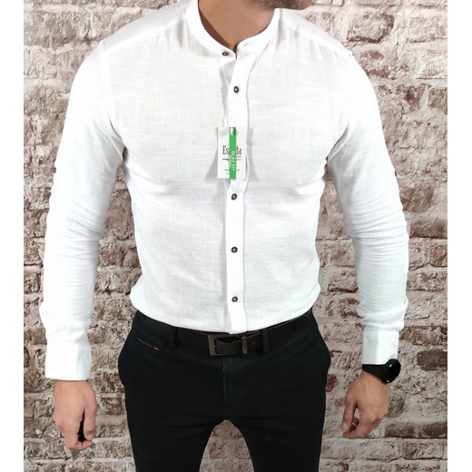 Koszula tkanina lniana grubsza  ze stójką slim fit biała ESP010  DM Espada Men’s Wear XL Moda Męska