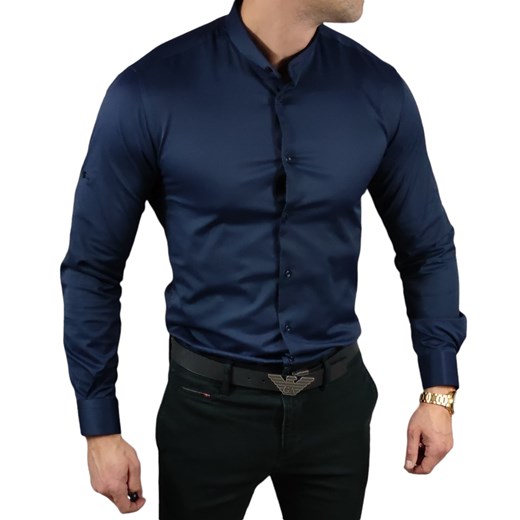 Koszula elegancka  ze stójką slim fit  granatowa ESP013   DM ze sklepu Moda Męska w kategorii Koszule męskie - zdjęcie 172129617