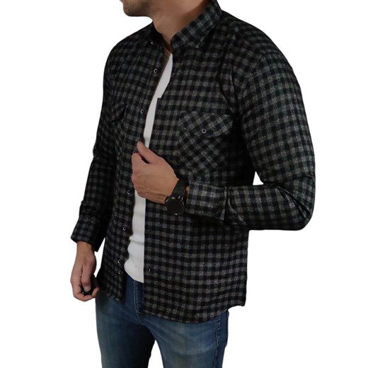 Ciepła koszula flanelowa slim fit z kieszonkami  grafit drobna kratka  ESP015 DM Espada Men’s Wear XL Moda Męska