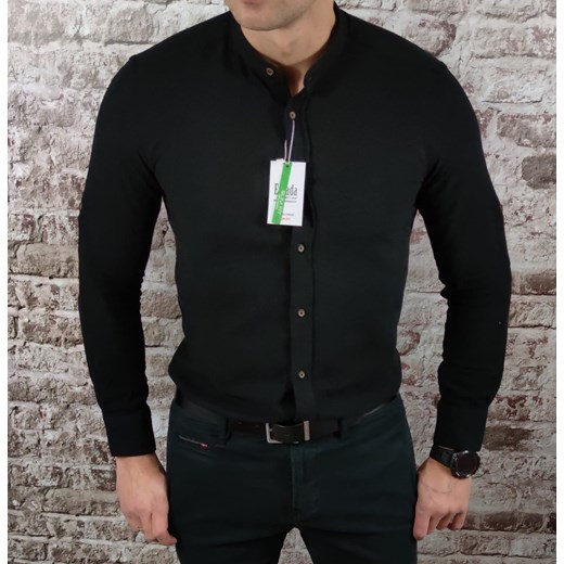 Koszula tkanina lniana grubsza  ze stójką slim fit czarna ESP010   DM Espada Men’s Wear S Moda Męska