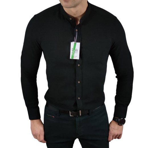 Koszula tkanina lniana grubsza  ze stójką slim fit czarna ESP010   DM Espada Men’s Wear S Moda Męska