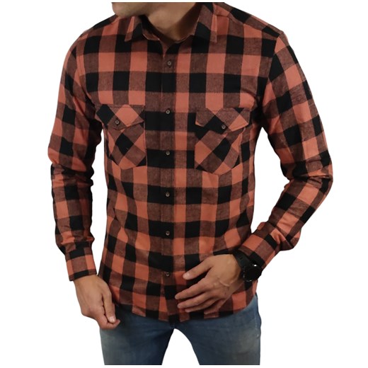 Ciepła koszula flanelowa slim fit z kieszonkami  pomarańczowa krata  ESP015   DM ze sklepu Moda Męska w kategorii Koszule męskie - zdjęcie 172129847