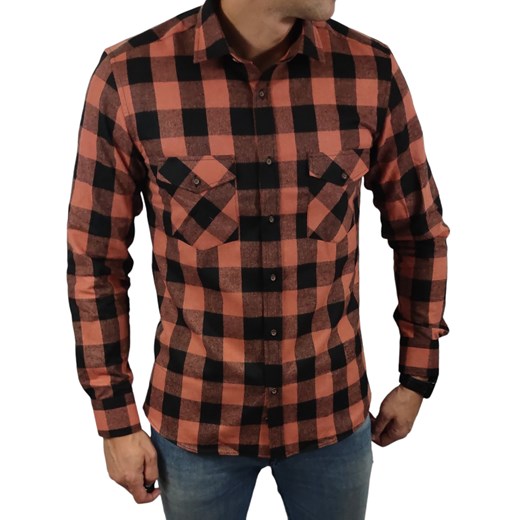 Ciepła koszula flanelowa slim fit z kieszonkami  pomarańczowa krata  ESP015   DM Espada Men’s Wear XL Moda Męska