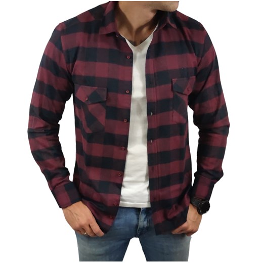 Ciepła koszula flanelowa slim fit z kieszonkami  bordowa krata  ESP015   DM ze sklepu Moda Męska w kategorii Koszule męskie - zdjęcie 172129856