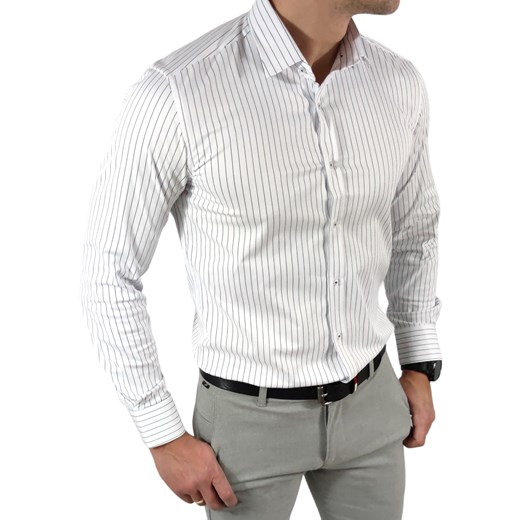 Koszula  slim fit   biała w czarne paseczki  ESP019    DM Espada Men’s Wear XXL Moda Męska