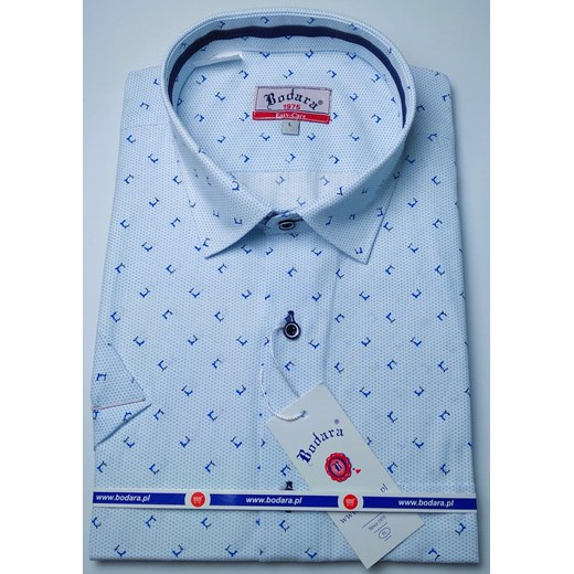 Bodara koszula biała męska w niebieski wzorek SLIM-FIT krótki rękaw Bodara 3XL okazyjna cena ATELIER-ONLINE